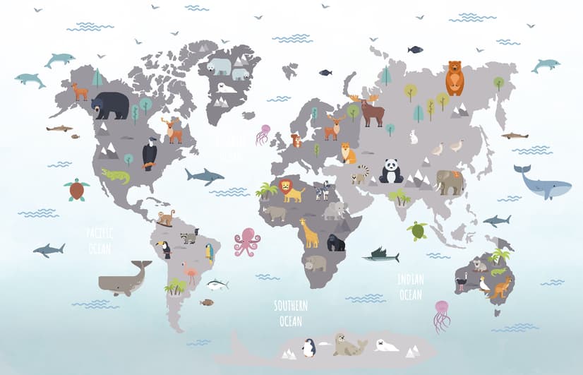 Gray Kids World Map Wallpaper Mural