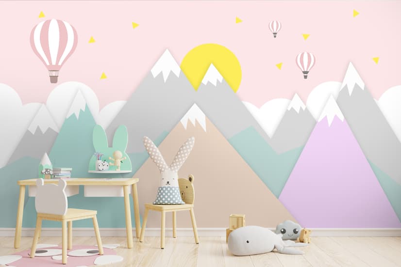 Pink Mountainscape and Hot Air Balloon Wallpaper Mural