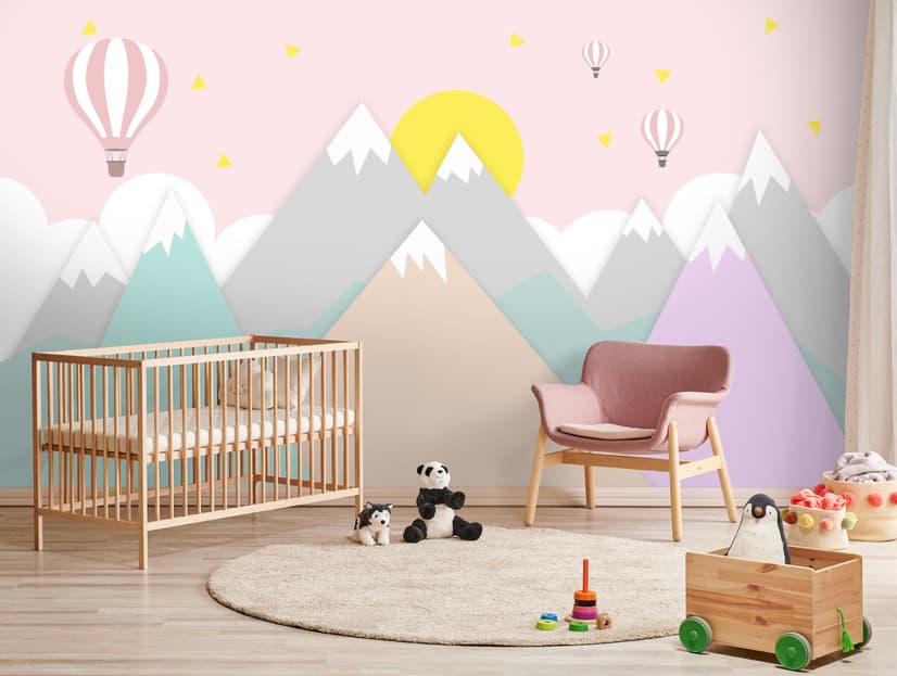 Pink Mountainscape and Hot Air Balloon Wallpaper Mural