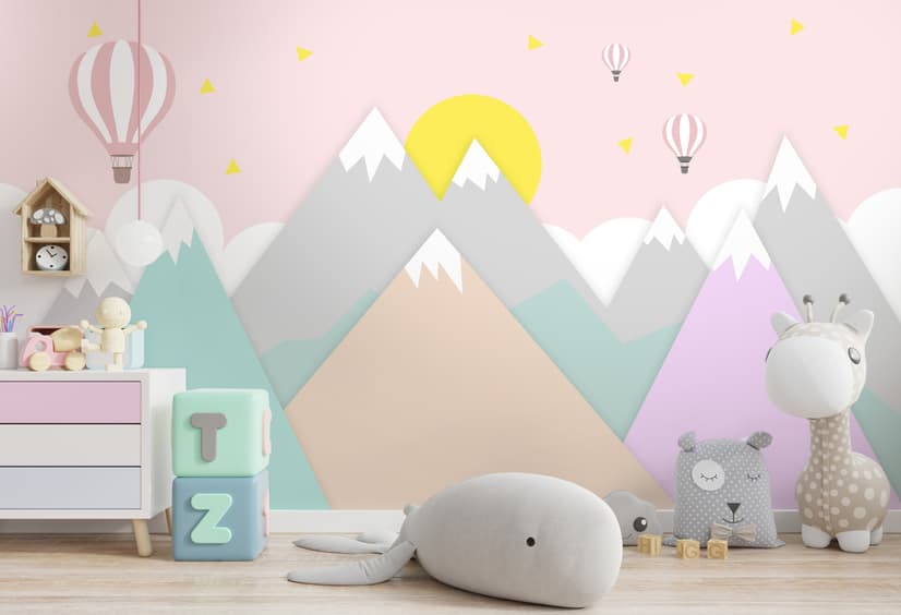 Pink Mountainscape and Hot Air Balloon Wallpaper Mural
