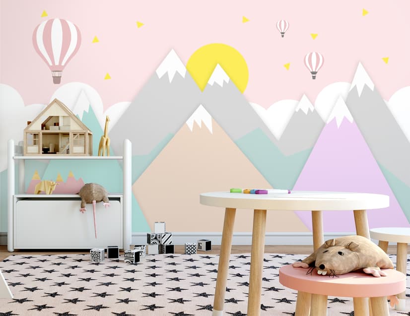 Pink Mountainscape and Hot Air Balloon Wallpaper Mural