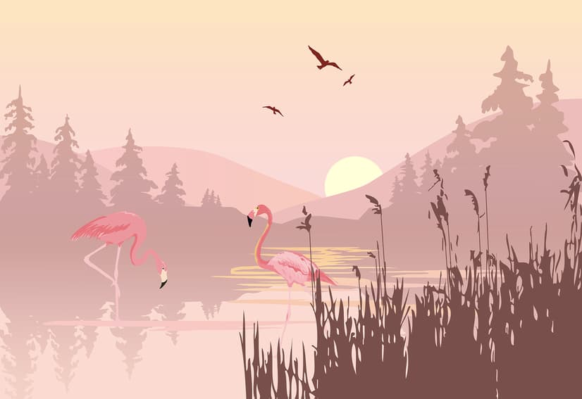 Pink Sunrise Landscape with Flamingos Wallpaper Mural