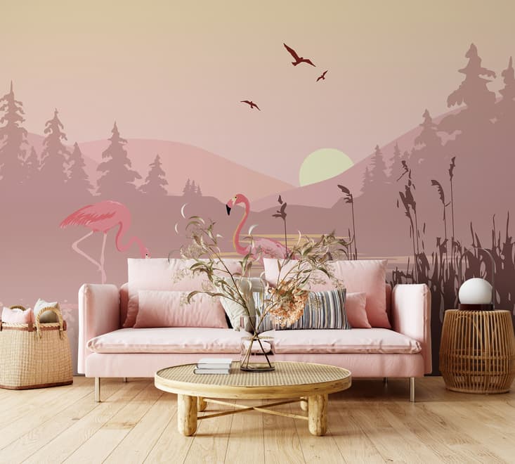 Pink Sunrise Landscape with Flamingos Wallpaper Mural