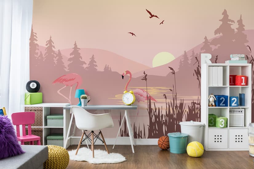 Pink Sunrise Landscape with Flamingos Wallpaper Mural