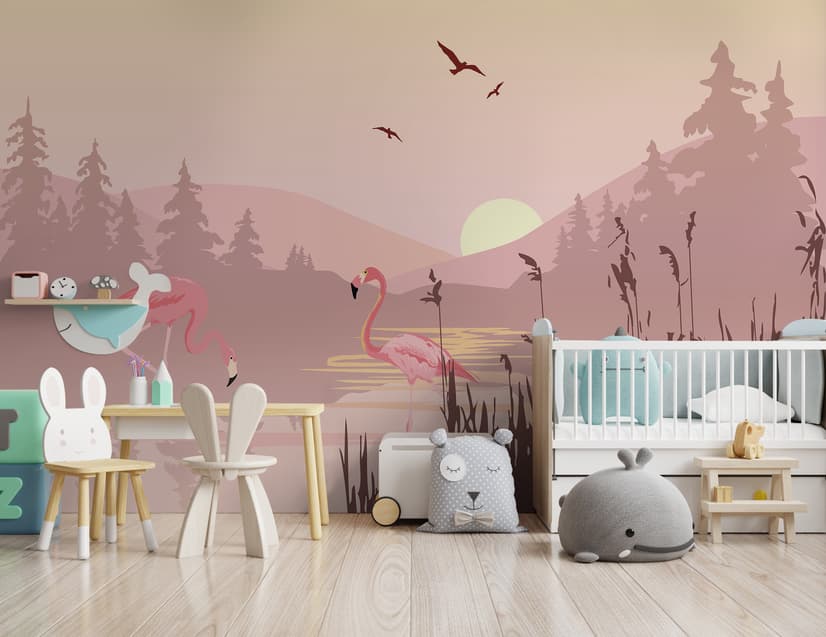 Pink Sunrise Landscape with Flamingos Wallpaper Mural