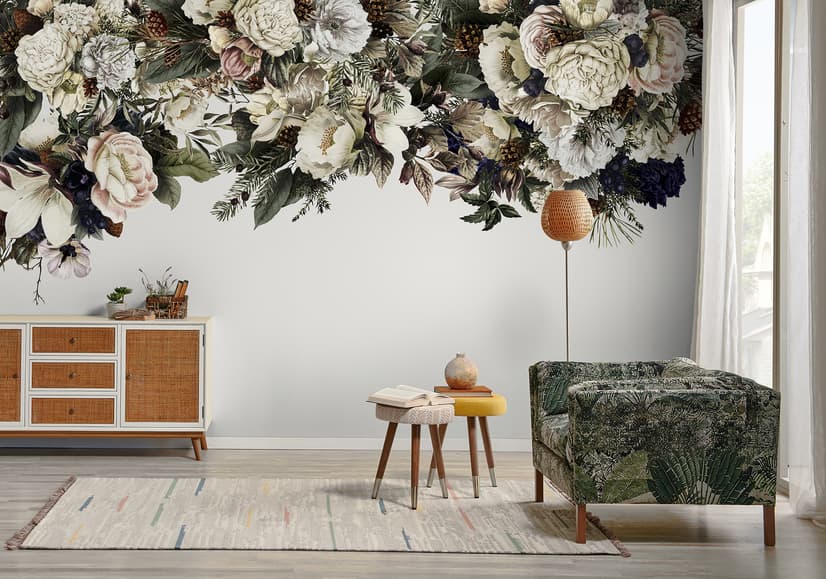 Retro Dark White Flowers Wallpaper Mural