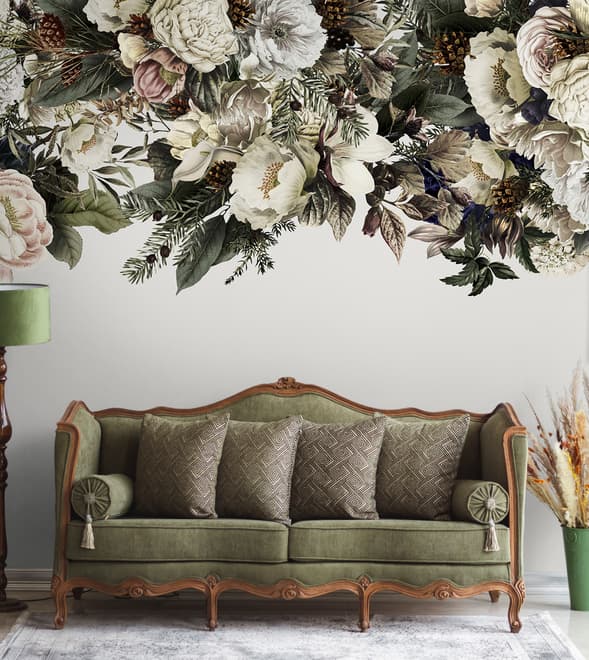 Retro Dark White Flowers Wallpaper Mural