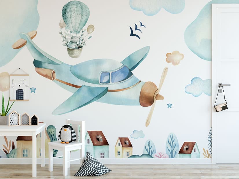 Watercolor Cartoon Village and Airplane Wallpaper Mural