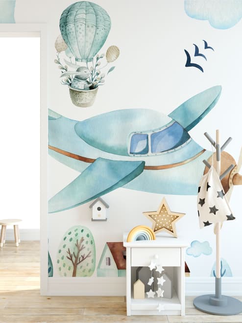 Watercolor Cartoon Village and Airplane Wallpaper Mural