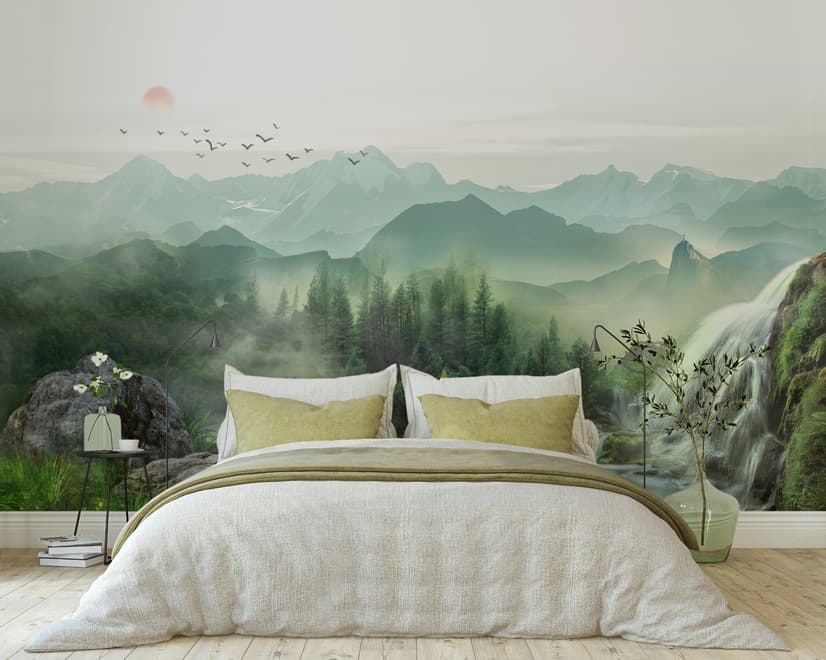 Waterfall with Misty Green Forest Landscape Wallpaper Mural