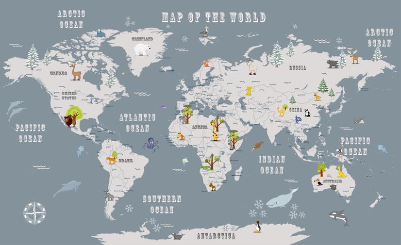 Papier peint carte du monde pour garçons avec animaux