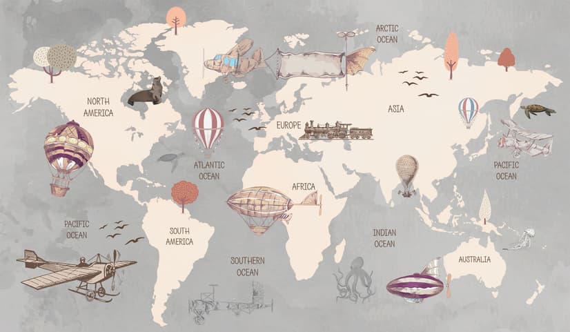 Vintage Kids World Map with Aircraft and Hot Air Balloon Wallpaper Mural