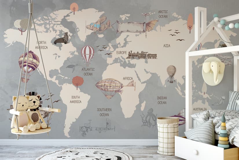 Papier peint panoramique pour enfants avec avion et montgolfière