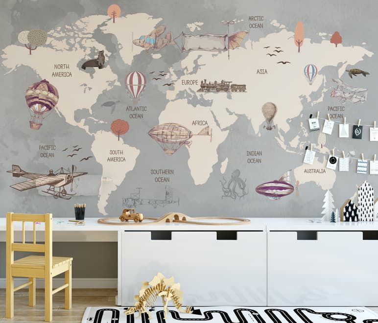Vintage Kids World Map with Aircraft and Hot Air Balloon Wallpaper Mural