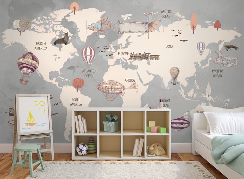 Vintage Kids World Map with Aircraft and Hot Air Balloon Wallpaper Mural