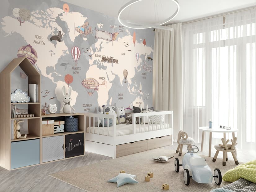 Vintage Kids World Map with Aircraft and Hot Air Balloon Wallpaper Mural