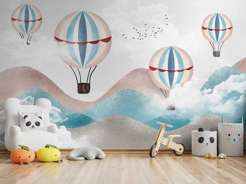 Papier peint montagnes bleues marron montgolfière enfants