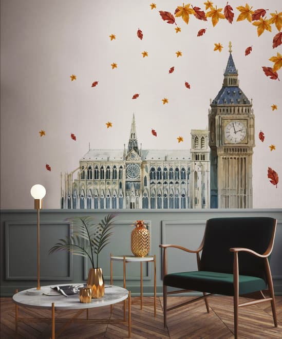London Big Ben and Westminster with Autumn Leaves Wall Decal Sticker