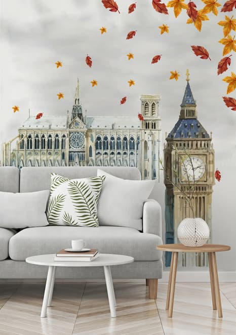 London Big Ben and Westminster with Autumn Leaves Wall Decal Sticker