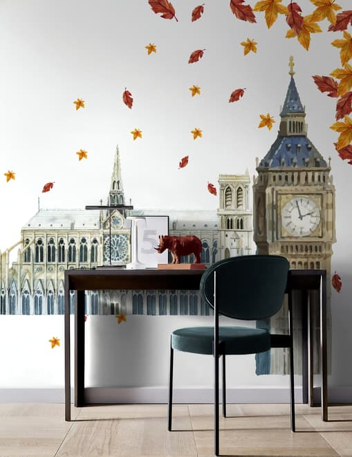London Big Ben and Westminster with Autumn Leaves Wall Decal Sticker