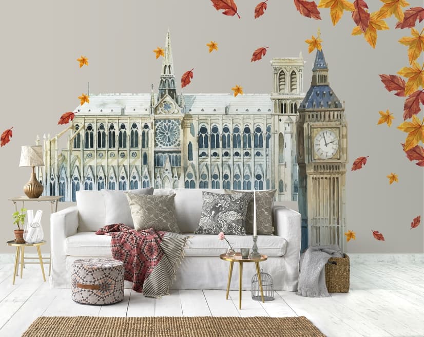London Big Ben and Westminster with Autumn Leaves Wall Decal Sticker