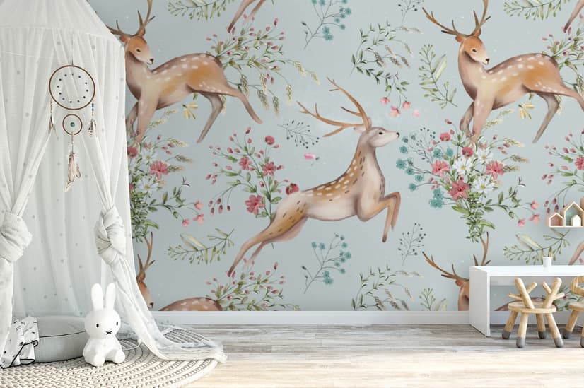 Nursery Vintage Floral with Deer Wallpaper Mural