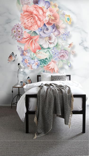 Papier peint panoramique bouquet floral boho motif marbre
