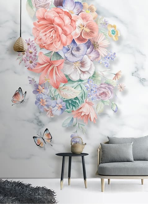 Boho Floral Bouqet with Marble Pattern Wallpaper Mural