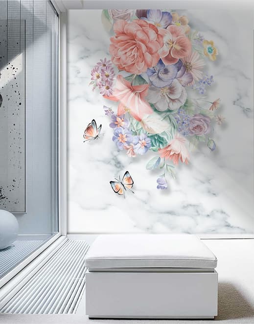 Boho Floral Bouqet with Marble Pattern Wallpaper Mural