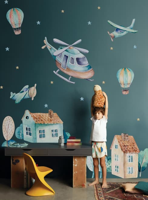 Kids Cartoon Village for Boys Watercolor Aircraft and Hot Air Balloon Wall Decal Sticker