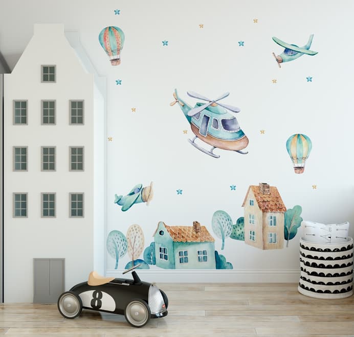 Kids Cartoon Village for Boys Watercolor Aircraft and Hot Air Balloon Wall Decal Sticker