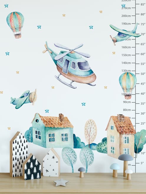 Kids Cartoon Village for Boys Watercolor Aircraft and Hot Air Balloon Wall Decal Sticker