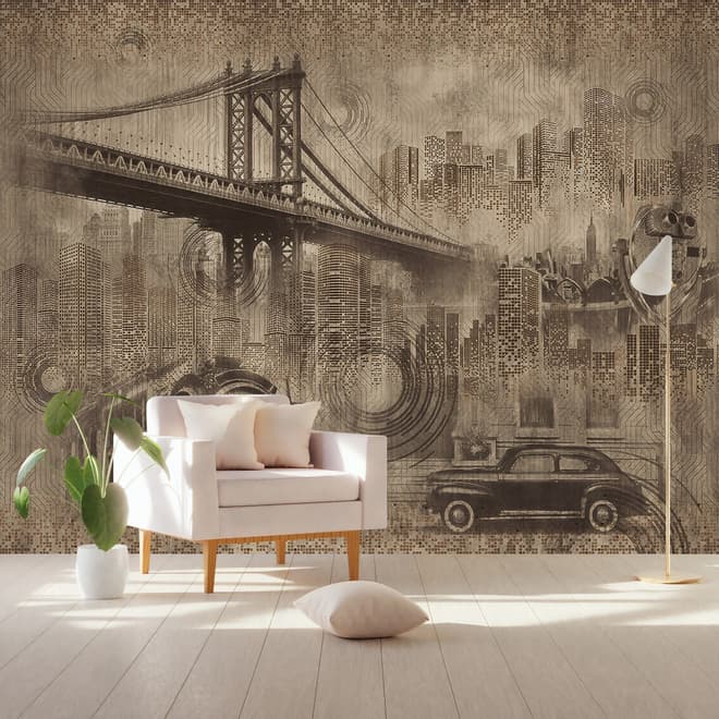 Papier peint panoramique ville européenne vintage avec pont de Brooklyn