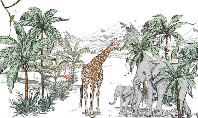 Fototapete "Tropische Tiere mit Bergmotiv für Kinderzimmer"