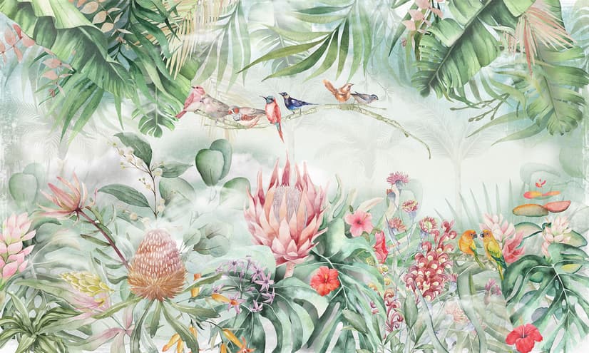 Colorful Tropical Exotic Cactus Floral with Little Birds Wallpaper Mural