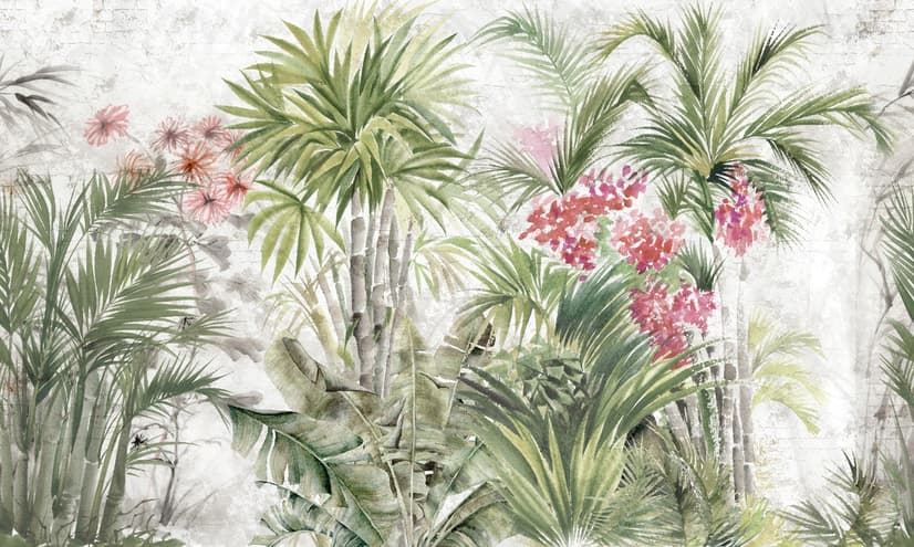 Aquarell Tropenblätter und Blumen Fototapete