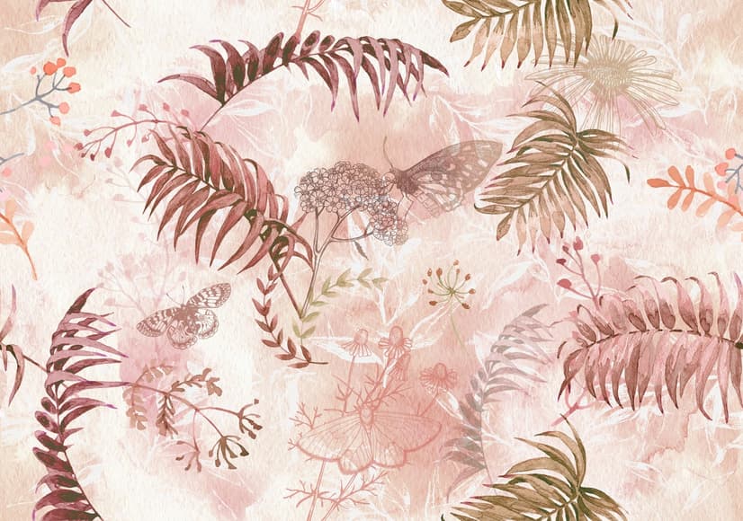 Pink Leaf and Blossom Wallpaper Mural