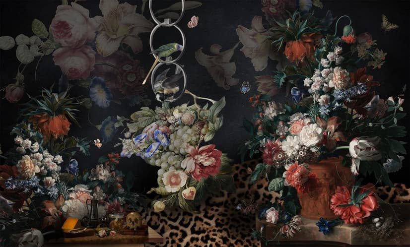 Papier peint panoramique hollandais foncé Bouquet floral avec oiseaux
