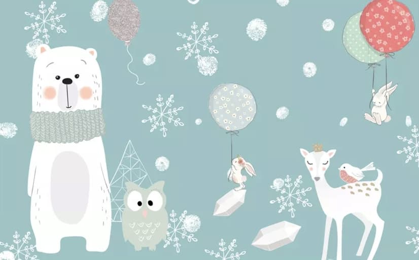 Cartoon Bear and Animal Friends with Snowflake Wallpaper Mural