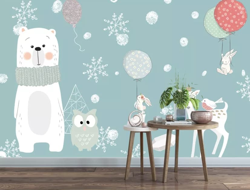 Papier peint panoramique ours et amis animaux avec flocons