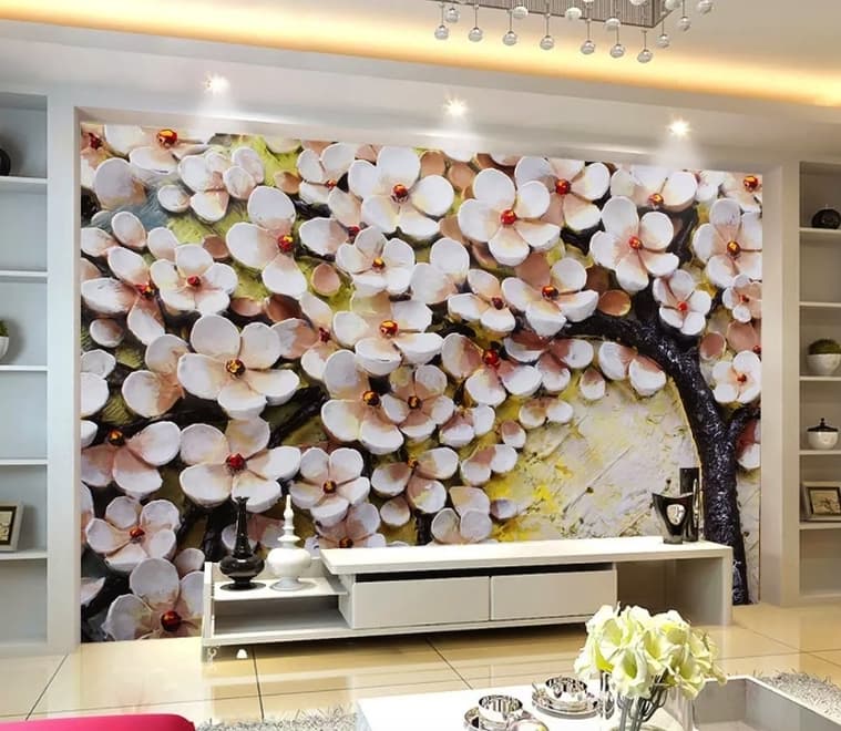 Papier peint panoramique cerisiers en fleurs à la peinture à l'huile