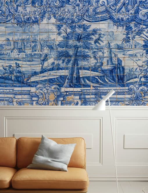Blue Chinoiserie with Brush Tile Pattern Wallpaper Mural