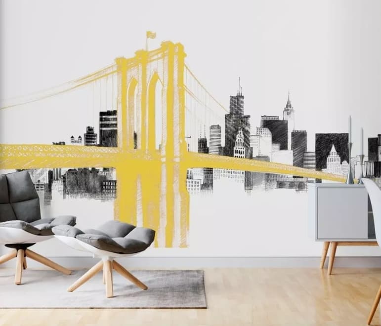 Watercolor City with Brooklyn Bridge Wallpaper Mural