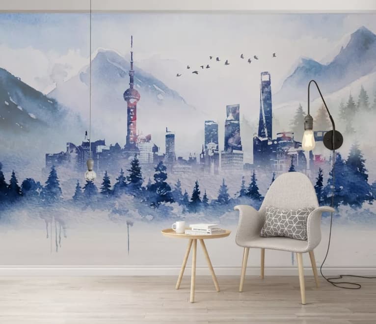 Papier peint panoramique paysage aquarelle gratte-ciel