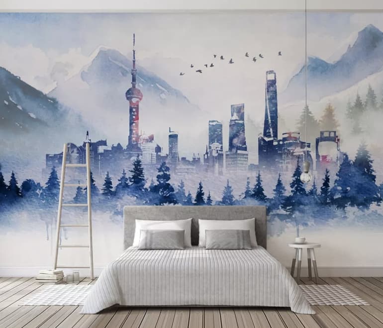 Watercolor Skyscraper Landscape Wallpaper Mural