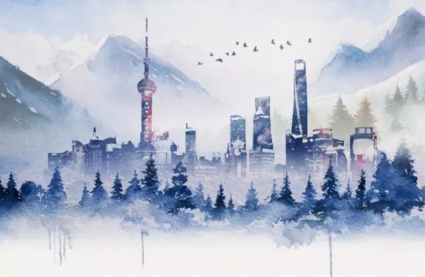 Watercolor Skyscraper Landscape Wallpaper Mural
