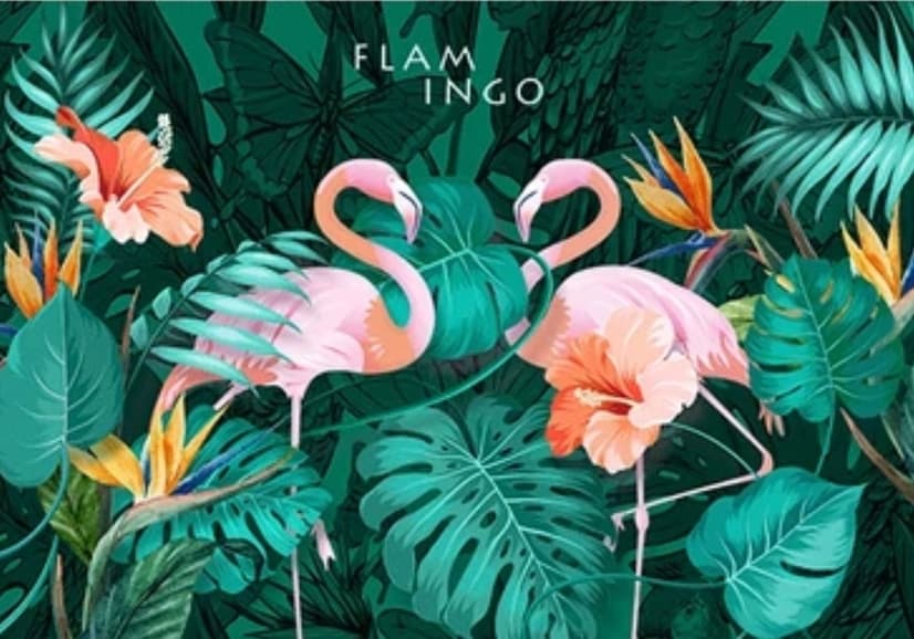 Coral and Pink Flamingo with Tropical Leafy Wallpaper Mural