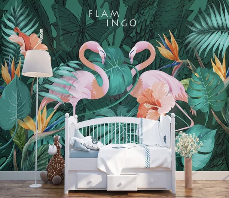 Coral and Pink Flamingo with Tropical Leafy Wallpaper Mural