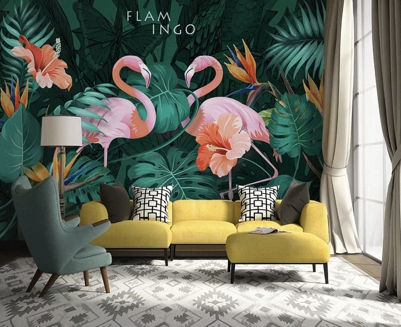 Coral and Pink Flamingo with Tropical Leafy Wallpaper Mural