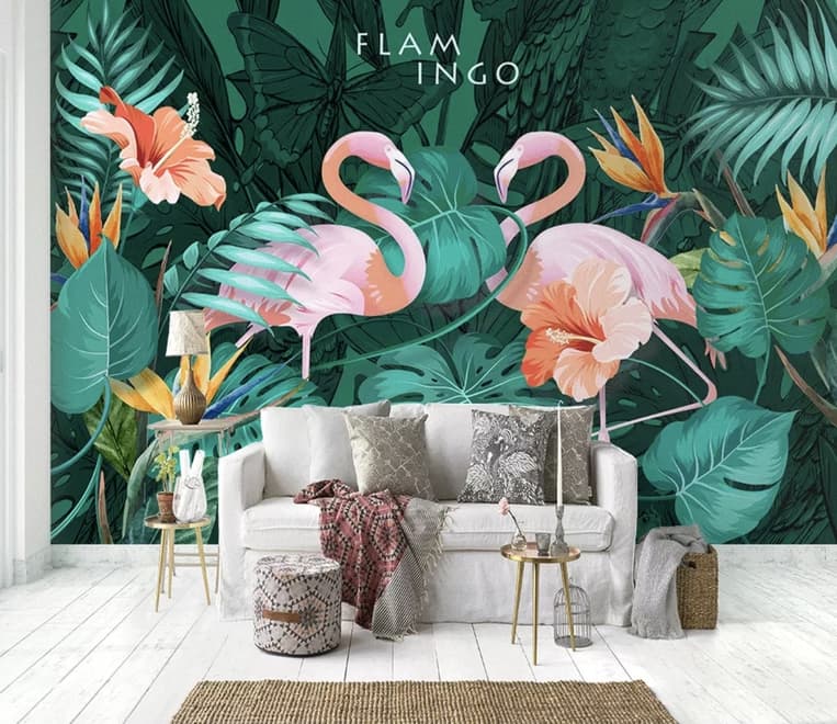 Coral and Pink Flamingo with Tropical Leafy Wallpaper Mural